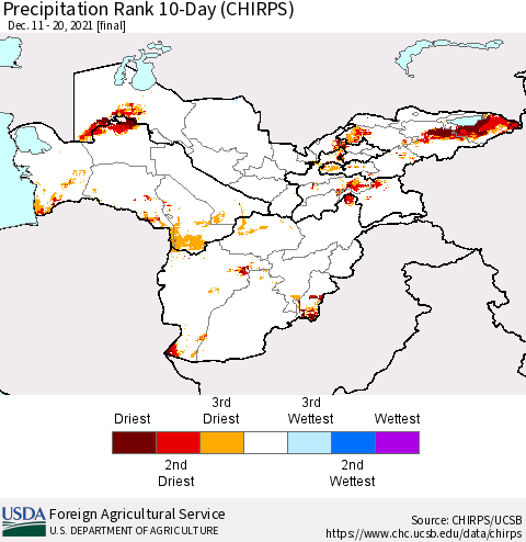 Central Asia Precipitation Rank since 1981, 10-Day (CHIRPS) Thematic Map For 12/11/2021 - 12/20/2021