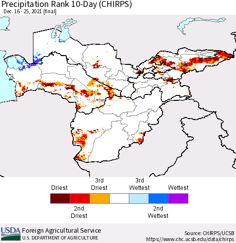 Central Asia Precipitation Rank since 1981, 10-Day (CHIRPS) Thematic Map For 12/16/2021 - 12/25/2021