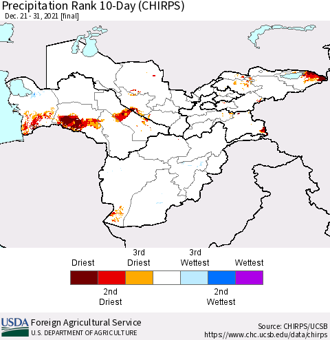 Central Asia Precipitation Rank since 1981, 10-Day (CHIRPS) Thematic Map For 12/21/2021 - 12/31/2021