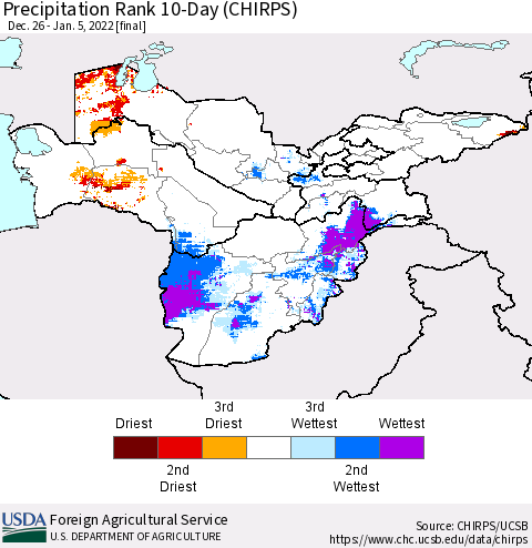 Central Asia Precipitation Rank since 1981, 10-Day (CHIRPS) Thematic Map For 12/26/2021 - 1/5/2022