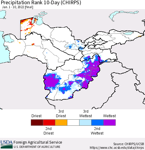 Central Asia Precipitation Rank since 1981, 10-Day (CHIRPS) Thematic Map For 1/1/2022 - 1/10/2022