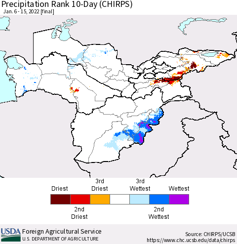 Central Asia Precipitation Rank since 1981, 10-Day (CHIRPS) Thematic Map For 1/6/2022 - 1/15/2022