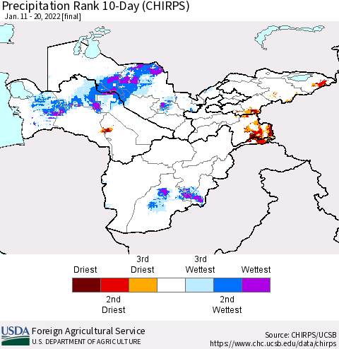 Central Asia Precipitation Rank since 1981, 10-Day (CHIRPS) Thematic Map For 1/11/2022 - 1/20/2022