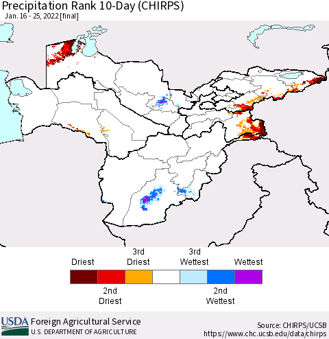 Central Asia Precipitation Rank since 1981, 10-Day (CHIRPS) Thematic Map For 1/16/2022 - 1/25/2022