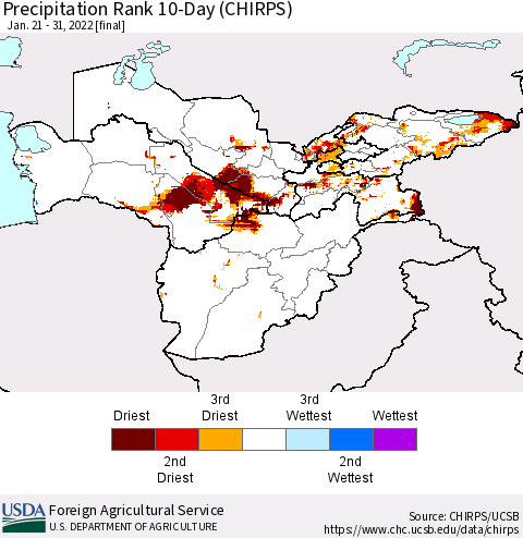 Central Asia Precipitation Rank since 1981, 10-Day (CHIRPS) Thematic Map For 1/21/2022 - 1/31/2022