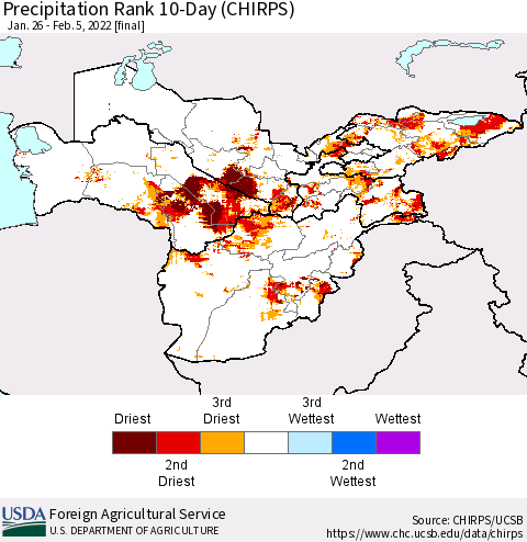 Central Asia Precipitation Rank since 1981, 10-Day (CHIRPS) Thematic Map For 1/26/2022 - 2/5/2022