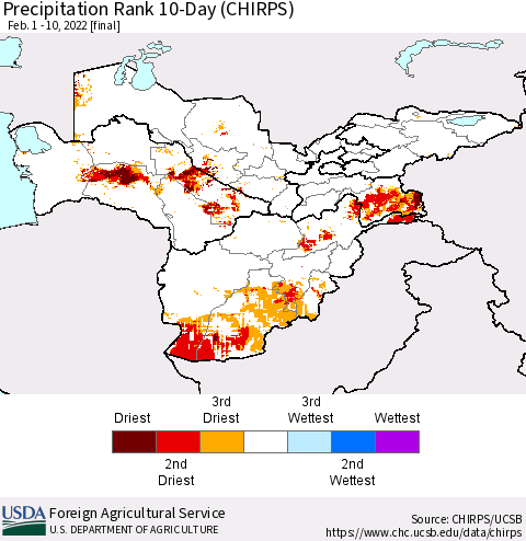 Central Asia Precipitation Rank since 1981, 10-Day (CHIRPS) Thematic Map For 2/1/2022 - 2/10/2022