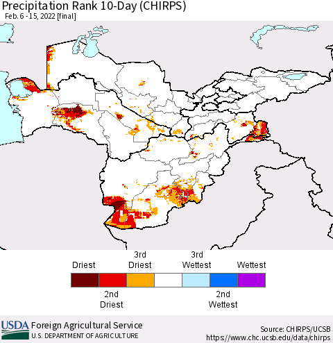 Central Asia Precipitation Rank since 1981, 10-Day (CHIRPS) Thematic Map For 2/6/2022 - 2/15/2022