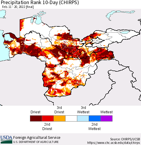 Central Asia Precipitation Rank since 1981, 10-Day (CHIRPS) Thematic Map For 2/11/2022 - 2/20/2022