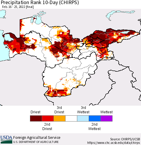 Central Asia Precipitation Rank since 1981, 10-Day (CHIRPS) Thematic Map For 2/16/2022 - 2/25/2022