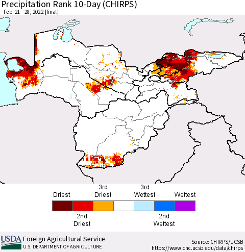 Central Asia Precipitation Rank since 1981, 10-Day (CHIRPS) Thematic Map For 2/21/2022 - 2/28/2022