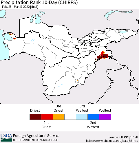 Central Asia Precipitation Rank since 1981, 10-Day (CHIRPS) Thematic Map For 2/26/2022 - 3/5/2022