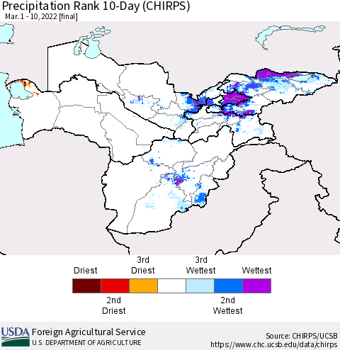 Central Asia Precipitation Rank since 1981, 10-Day (CHIRPS) Thematic Map For 3/1/2022 - 3/10/2022