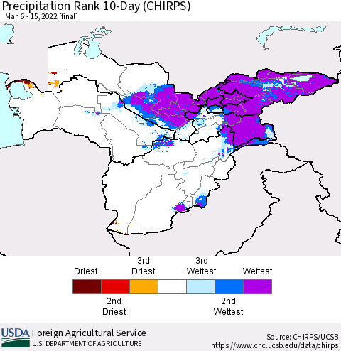Central Asia Precipitation Rank since 1981, 10-Day (CHIRPS) Thematic Map For 3/6/2022 - 3/15/2022