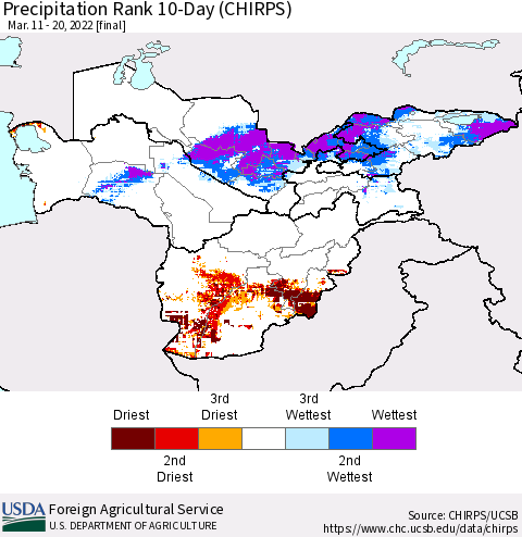 Central Asia Precipitation Rank since 1981, 10-Day (CHIRPS) Thematic Map For 3/11/2022 - 3/20/2022