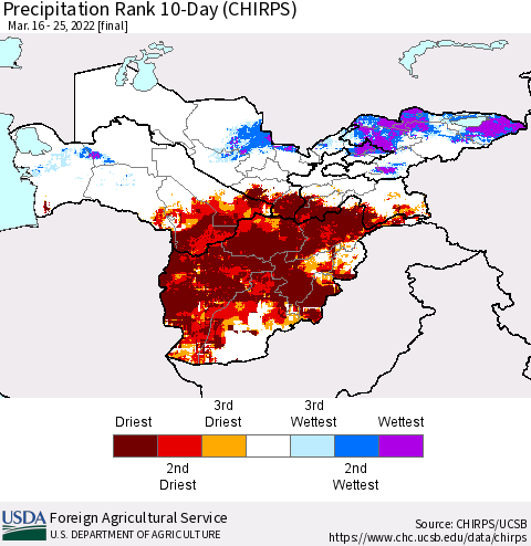 Central Asia Precipitation Rank since 1981, 10-Day (CHIRPS) Thematic Map For 3/16/2022 - 3/25/2022