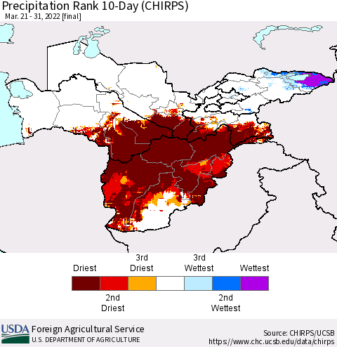 Central Asia Precipitation Rank since 1981, 10-Day (CHIRPS) Thematic Map For 3/21/2022 - 3/31/2022