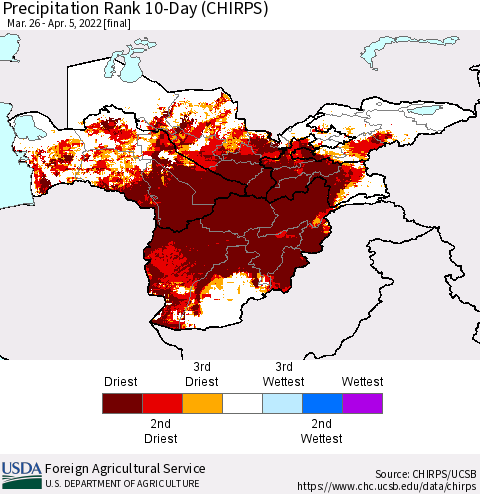 Central Asia Precipitation Rank since 1981, 10-Day (CHIRPS) Thematic Map For 3/26/2022 - 4/5/2022