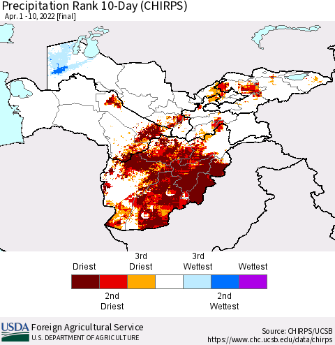 Central Asia Precipitation Rank since 1981, 10-Day (CHIRPS) Thematic Map For 4/1/2022 - 4/10/2022
