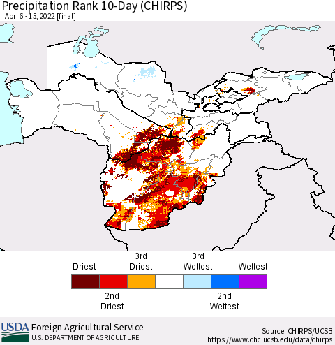 Central Asia Precipitation Rank since 1981, 10-Day (CHIRPS) Thematic Map For 4/6/2022 - 4/15/2022