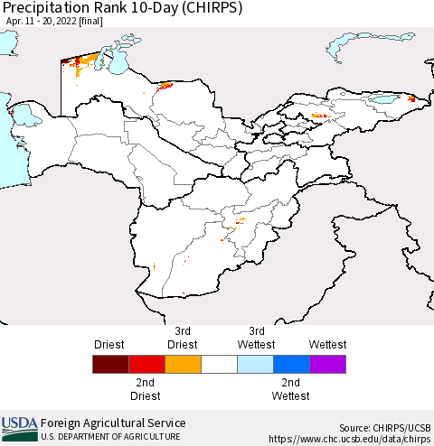 Central Asia Precipitation Rank since 1981, 10-Day (CHIRPS) Thematic Map For 4/11/2022 - 4/20/2022