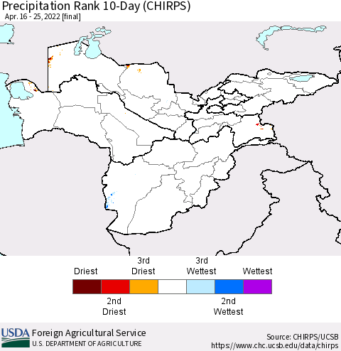 Central Asia Precipitation Rank since 1981, 10-Day (CHIRPS) Thematic Map For 4/16/2022 - 4/25/2022