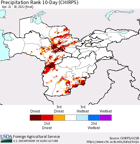 Central Asia Precipitation Rank since 1981, 10-Day (CHIRPS) Thematic Map For 4/21/2022 - 4/30/2022