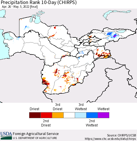 Central Asia Precipitation Rank since 1981, 10-Day (CHIRPS) Thematic Map For 4/26/2022 - 5/5/2022