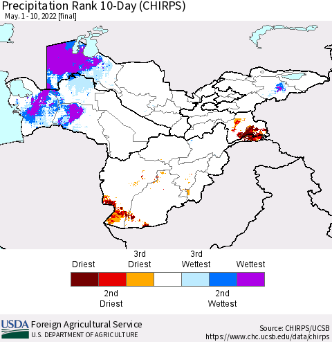 Central Asia Precipitation Rank since 1981, 10-Day (CHIRPS) Thematic Map For 5/1/2022 - 5/10/2022