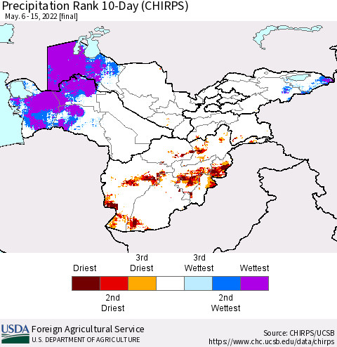 Central Asia Precipitation Rank since 1981, 10-Day (CHIRPS) Thematic Map For 5/6/2022 - 5/15/2022