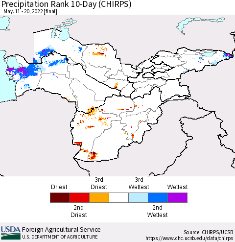 Central Asia Precipitation Rank since 1981, 10-Day (CHIRPS) Thematic Map For 5/11/2022 - 5/20/2022