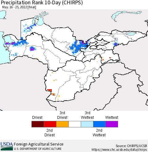 Central Asia Precipitation Rank since 1981, 10-Day (CHIRPS) Thematic Map For 5/16/2022 - 5/25/2022
