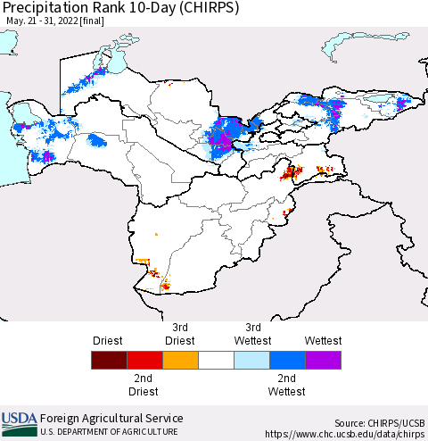 Central Asia Precipitation Rank since 1981, 10-Day (CHIRPS) Thematic Map For 5/21/2022 - 5/31/2022