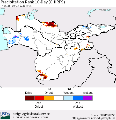 Central Asia Precipitation Rank since 1981, 10-Day (CHIRPS) Thematic Map For 5/26/2022 - 6/5/2022