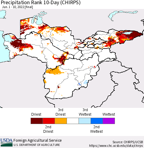 Central Asia Precipitation Rank since 1981, 10-Day (CHIRPS) Thematic Map For 6/1/2022 - 6/10/2022