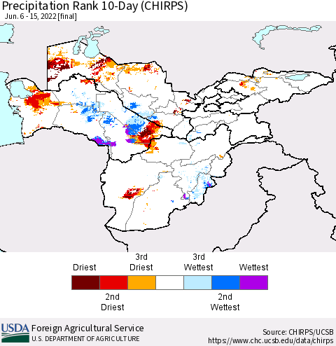 Central Asia Precipitation Rank since 1981, 10-Day (CHIRPS) Thematic Map For 6/6/2022 - 6/15/2022