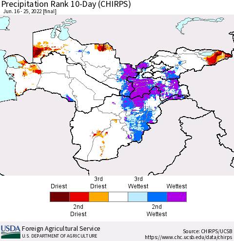Central Asia Precipitation Rank since 1981, 10-Day (CHIRPS) Thematic Map For 6/16/2022 - 6/25/2022