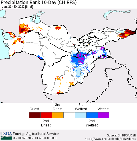 Central Asia Precipitation Rank since 1981, 10-Day (CHIRPS) Thematic Map For 6/21/2022 - 6/30/2022
