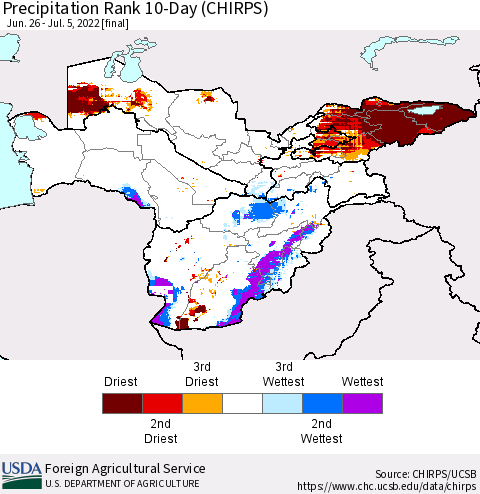 Central Asia Precipitation Rank since 1981, 10-Day (CHIRPS) Thematic Map For 6/26/2022 - 7/5/2022