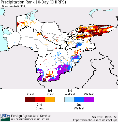 Central Asia Precipitation Rank since 1981, 10-Day (CHIRPS) Thematic Map For 7/1/2022 - 7/10/2022