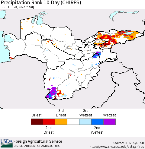 Central Asia Precipitation Rank since 1981, 10-Day (CHIRPS) Thematic Map For 7/11/2022 - 7/20/2022