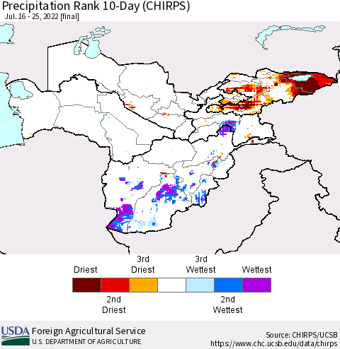 Central Asia Precipitation Rank since 1981, 10-Day (CHIRPS) Thematic Map For 7/16/2022 - 7/25/2022