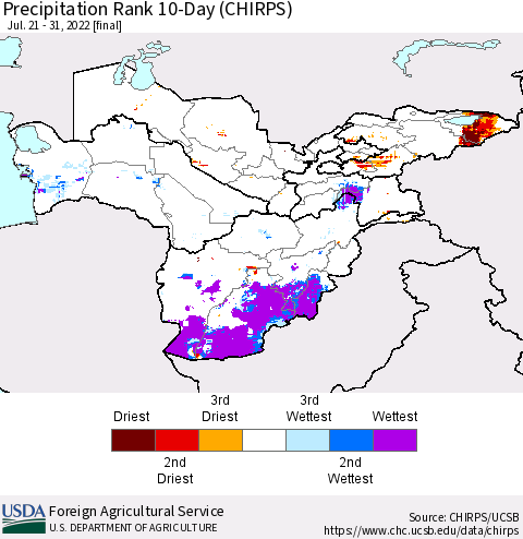 Central Asia Precipitation Rank since 1981, 10-Day (CHIRPS) Thematic Map For 7/21/2022 - 7/31/2022