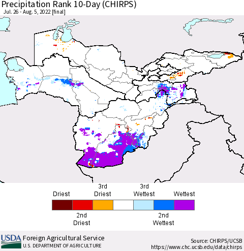 Central Asia Precipitation Rank since 1981, 10-Day (CHIRPS) Thematic Map For 7/26/2022 - 8/5/2022