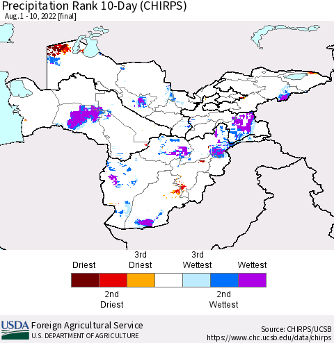 Central Asia Precipitation Rank since 1981, 10-Day (CHIRPS) Thematic Map For 8/1/2022 - 8/10/2022