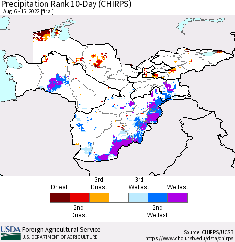 Central Asia Precipitation Rank since 1981, 10-Day (CHIRPS) Thematic Map For 8/6/2022 - 8/15/2022