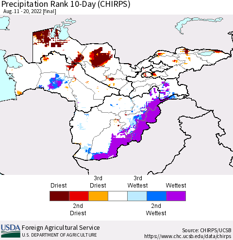Central Asia Precipitation Rank since 1981, 10-Day (CHIRPS) Thematic Map For 8/11/2022 - 8/20/2022