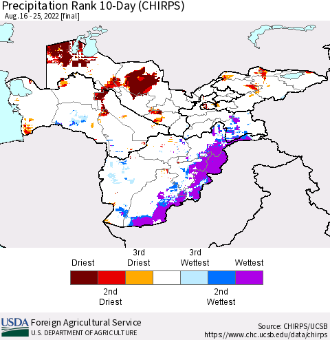 Central Asia Precipitation Rank since 1981, 10-Day (CHIRPS) Thematic Map For 8/16/2022 - 8/25/2022