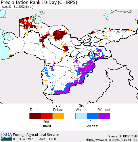 Central Asia Precipitation Rank since 1981, 10-Day (CHIRPS) Thematic Map For 8/21/2022 - 8/31/2022