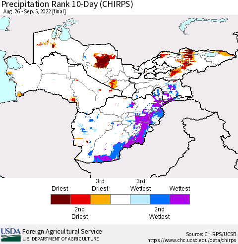 Central Asia Precipitation Rank since 1981, 10-Day (CHIRPS) Thematic Map For 8/26/2022 - 9/5/2022